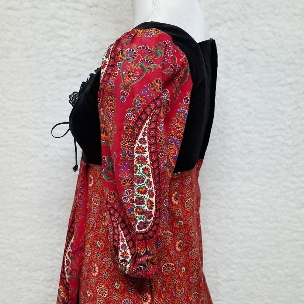 𝅺RARE Vintage 1970s Rags Red Paisley Velvet Cottagecore Victorian Prairie Dress - Picture 11 of 16